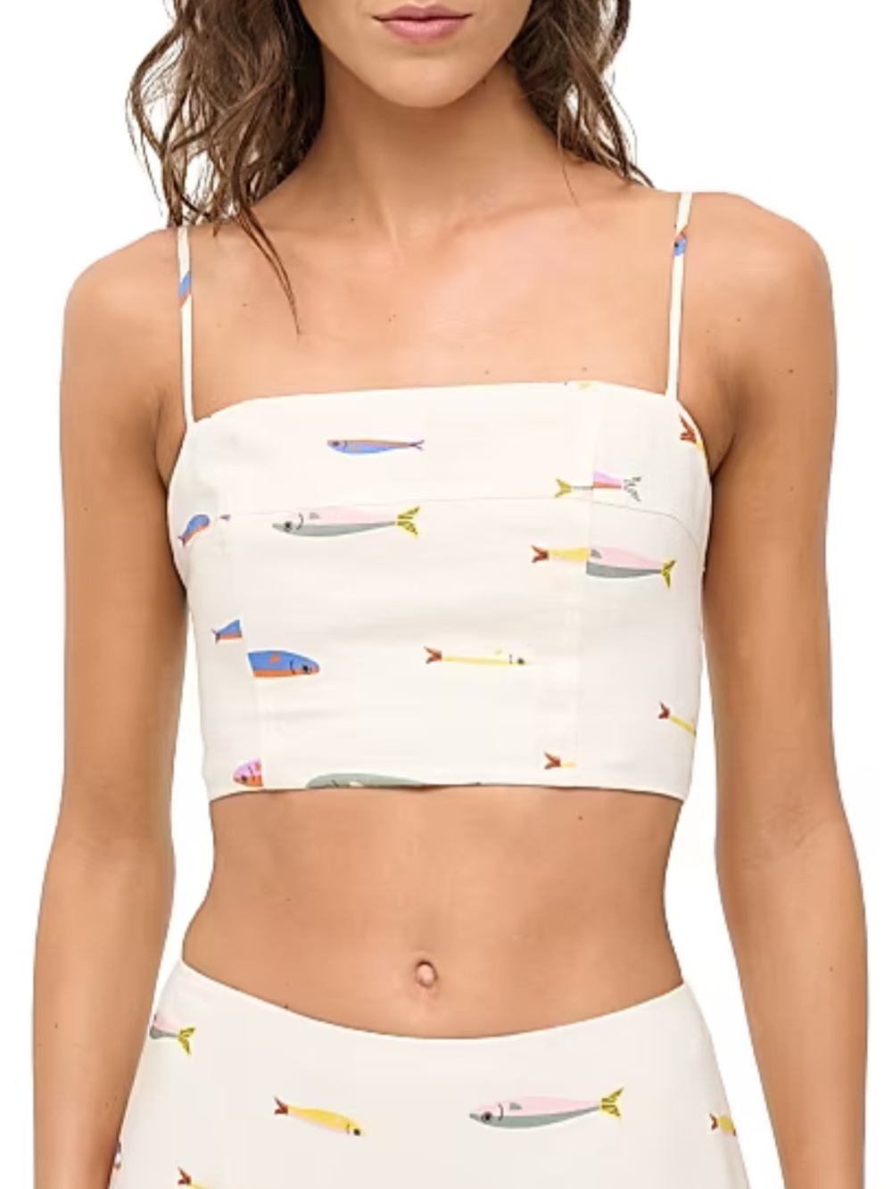 NWT Staud Women's‎ Federico Fish-Print Pop Sardines Linen Crop Top Ivory Resort